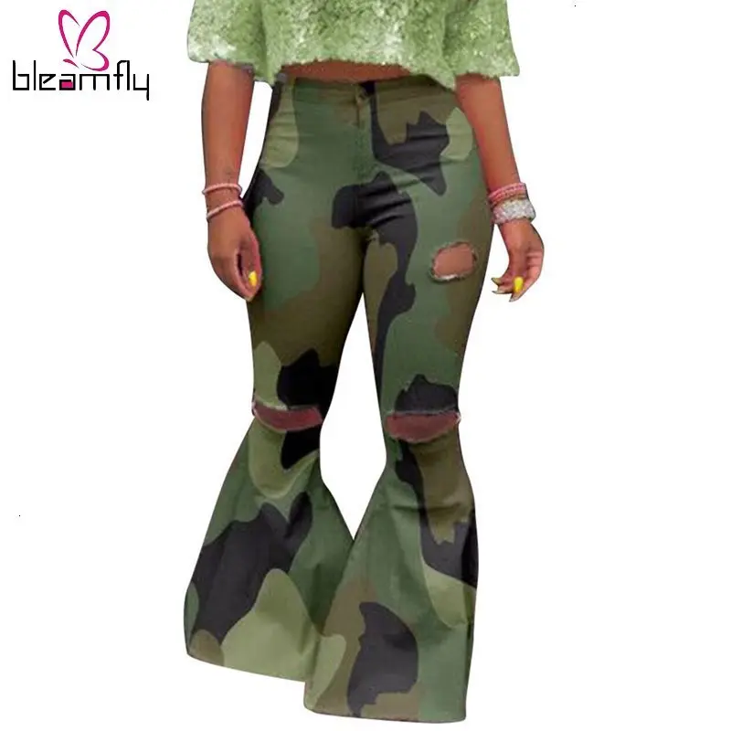 Повседневные расклешенные камуфляжные штаны для женщин с принтом рваные модные