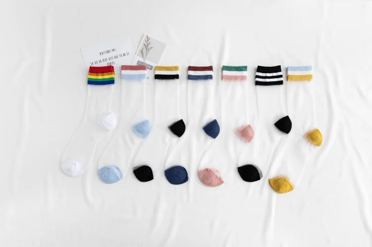 10pais/lot Japanese style woman summer Rainbow Striped Crystal crew socks lady Ultrathin Transparent glass socks