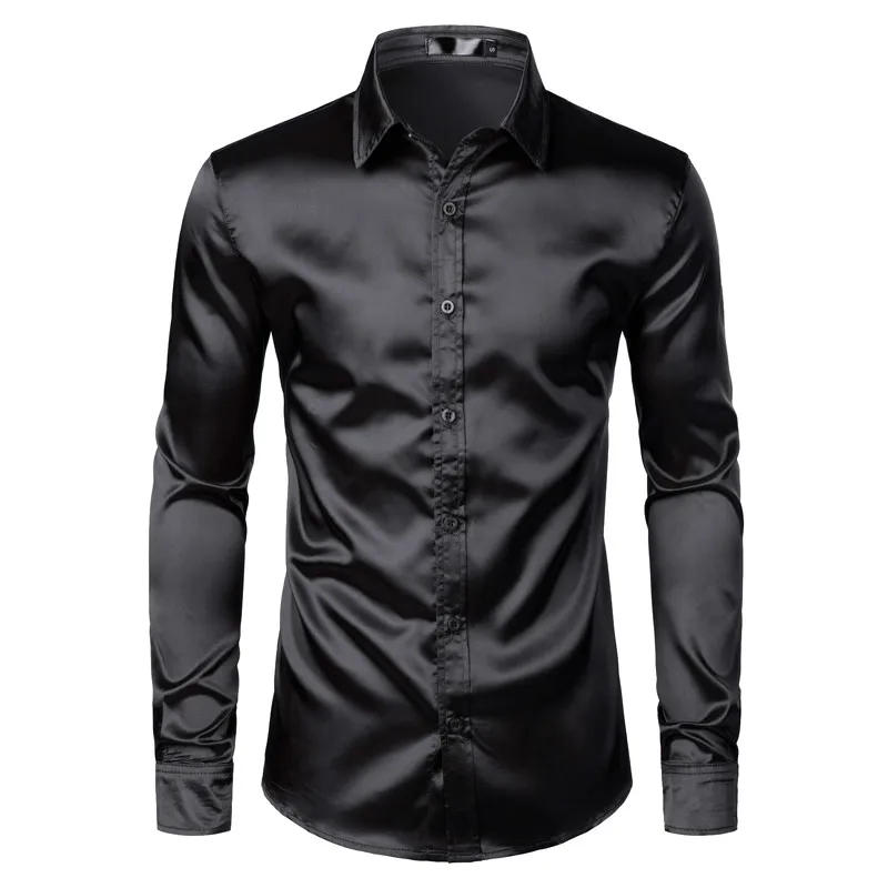 

Men's Black Satin Luxury Dress Shirts 2021 Silk Smooth Men Tuxedo Shirt Slim Fit Wedding Party Prom Casual Shirt Chemise Homme