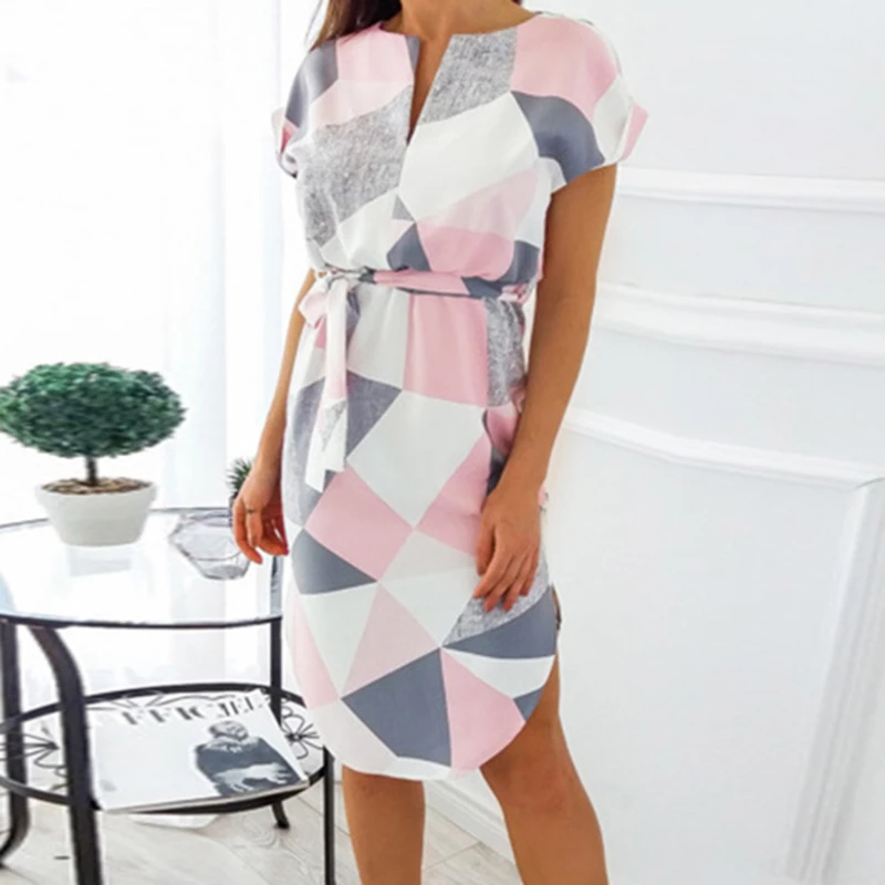 

Summer Ladies Dresses Geometric Printwd Boho Style Beach Loose V Neck Short Sleeve Dress Female Bow Belt Vestidos Fashion