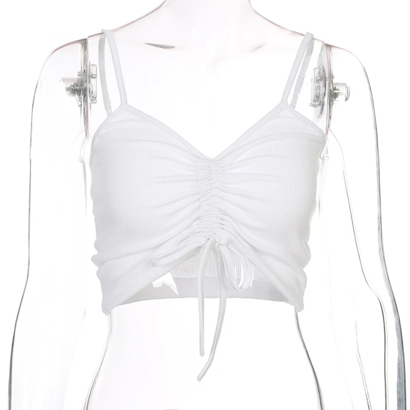 Женский плиссированный топ с бантом белый базовый укороченный без рукавов