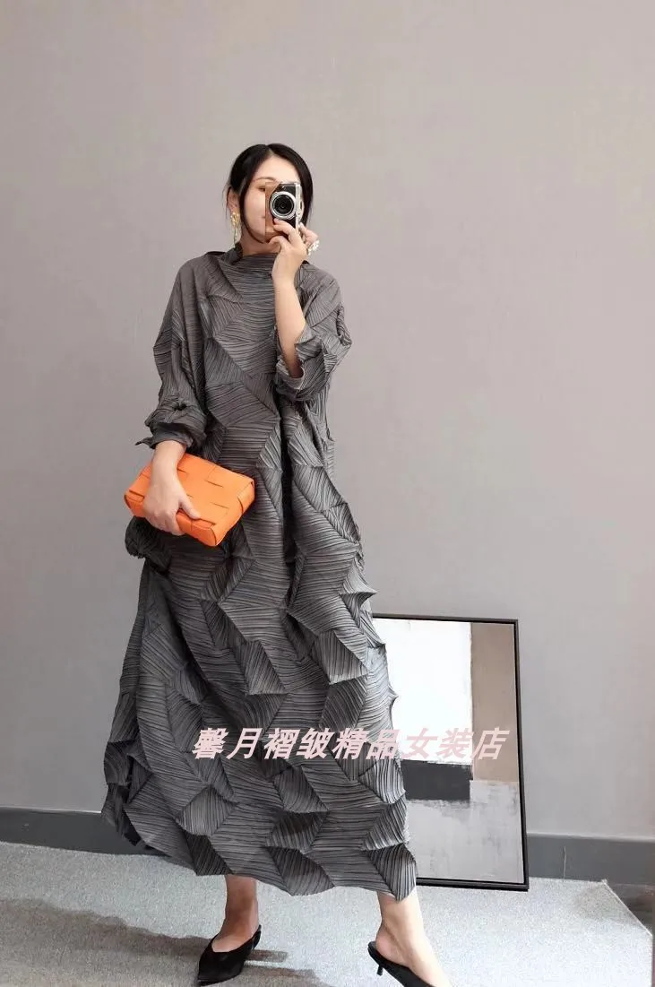 Горячая Miyake модное платье со складками со стразами, однотонное Свободное длинное платье со стоячим воротником