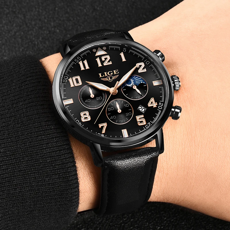 Часы наручные LIGE Мужские кварцевые брендовые Роскошные спортивные