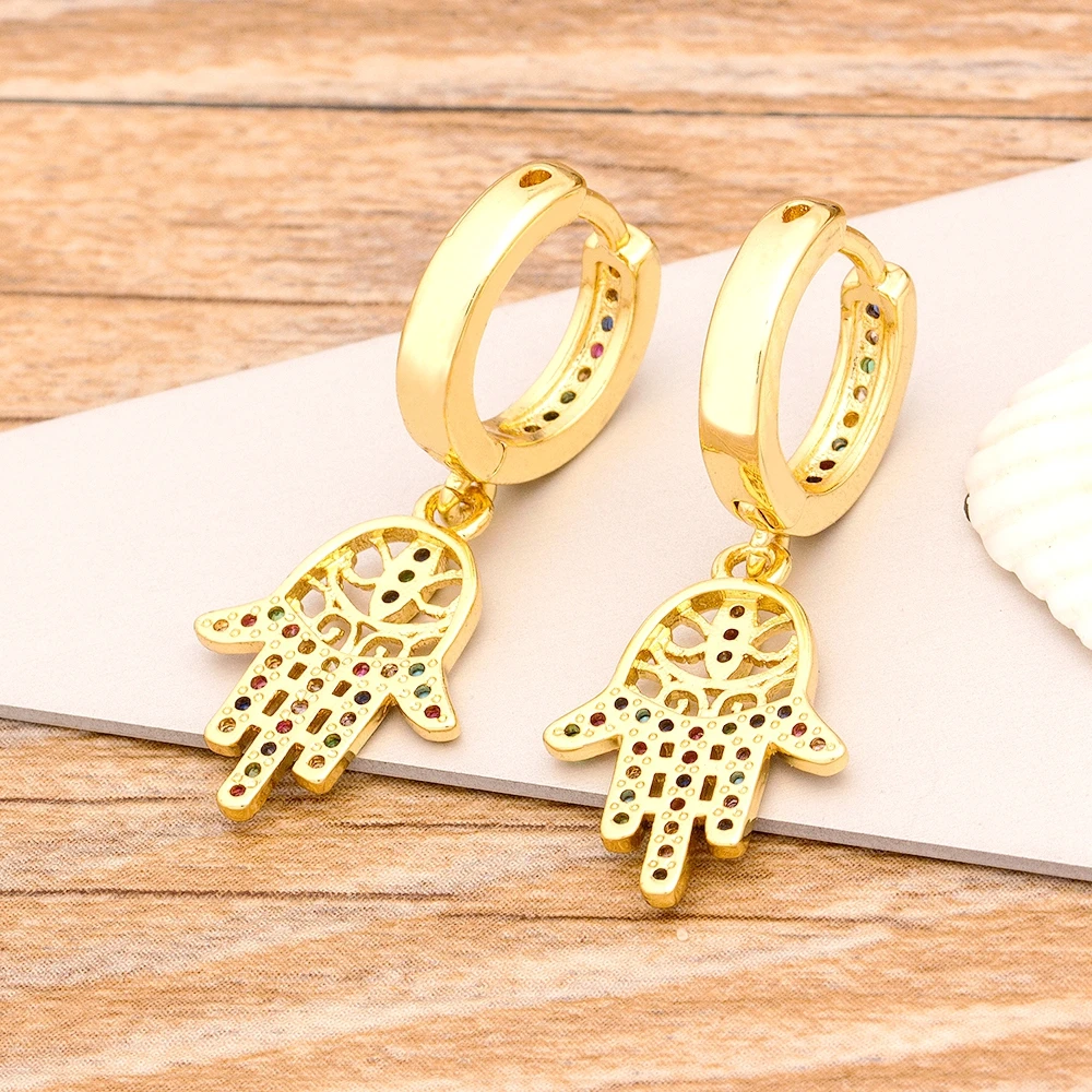 

Hot Sale Classic Palm Shape 3 Styles Choice Gold Color Drop Earrings Copper CZ Rainbow Earrings For Women Girls Best Party Gift
