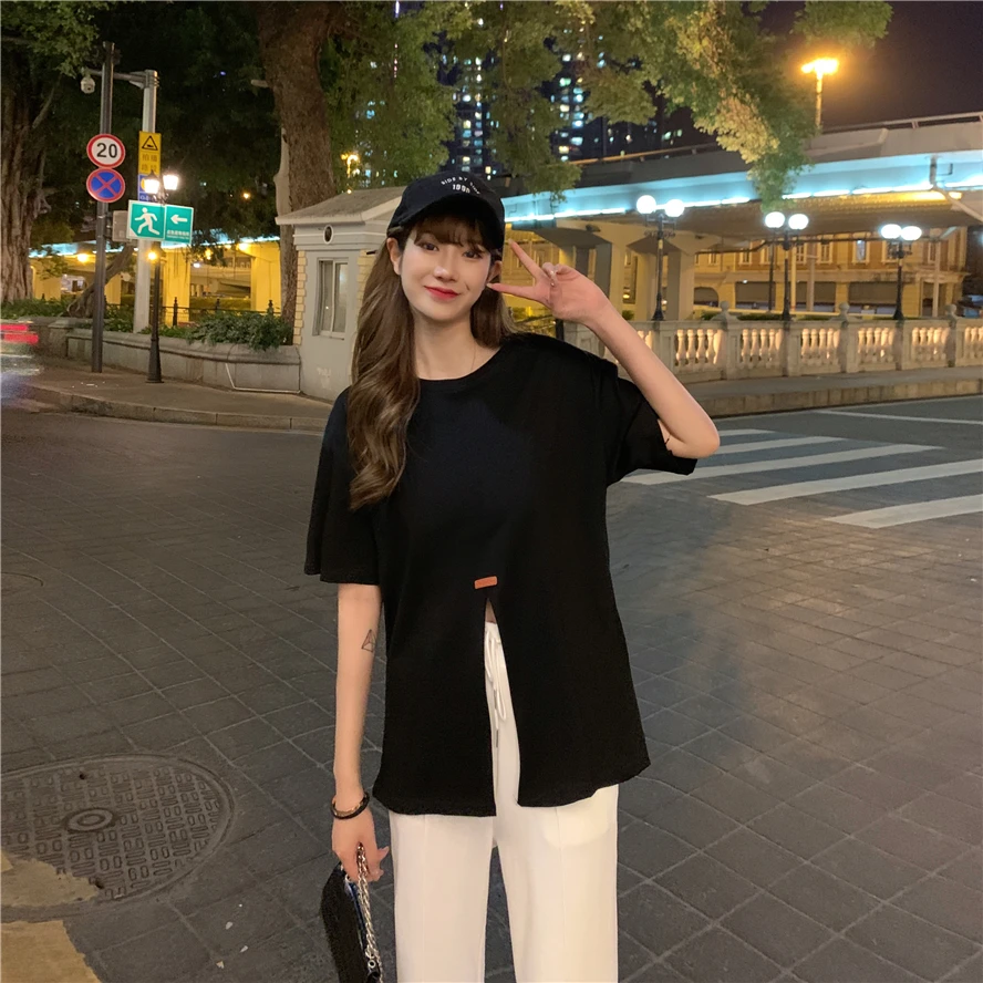 

2947 women summer Korean version 2021 new loose front and rear split white T-shirt