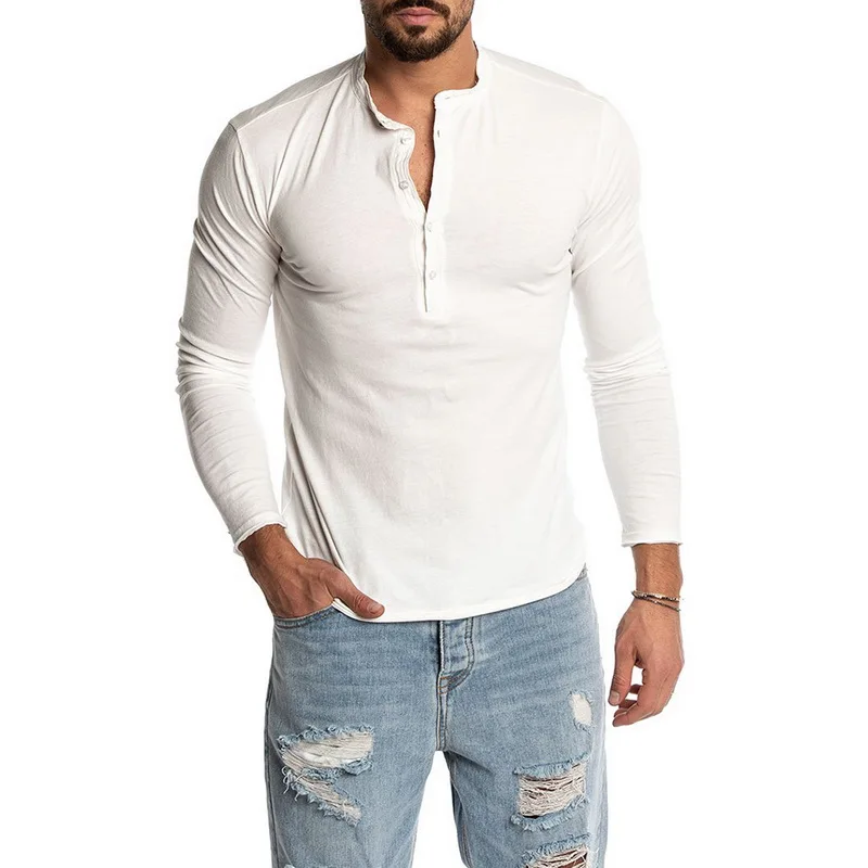 Мужская хлопковая футболка CYSINCOS однотонная с длинным рукавом и воротником