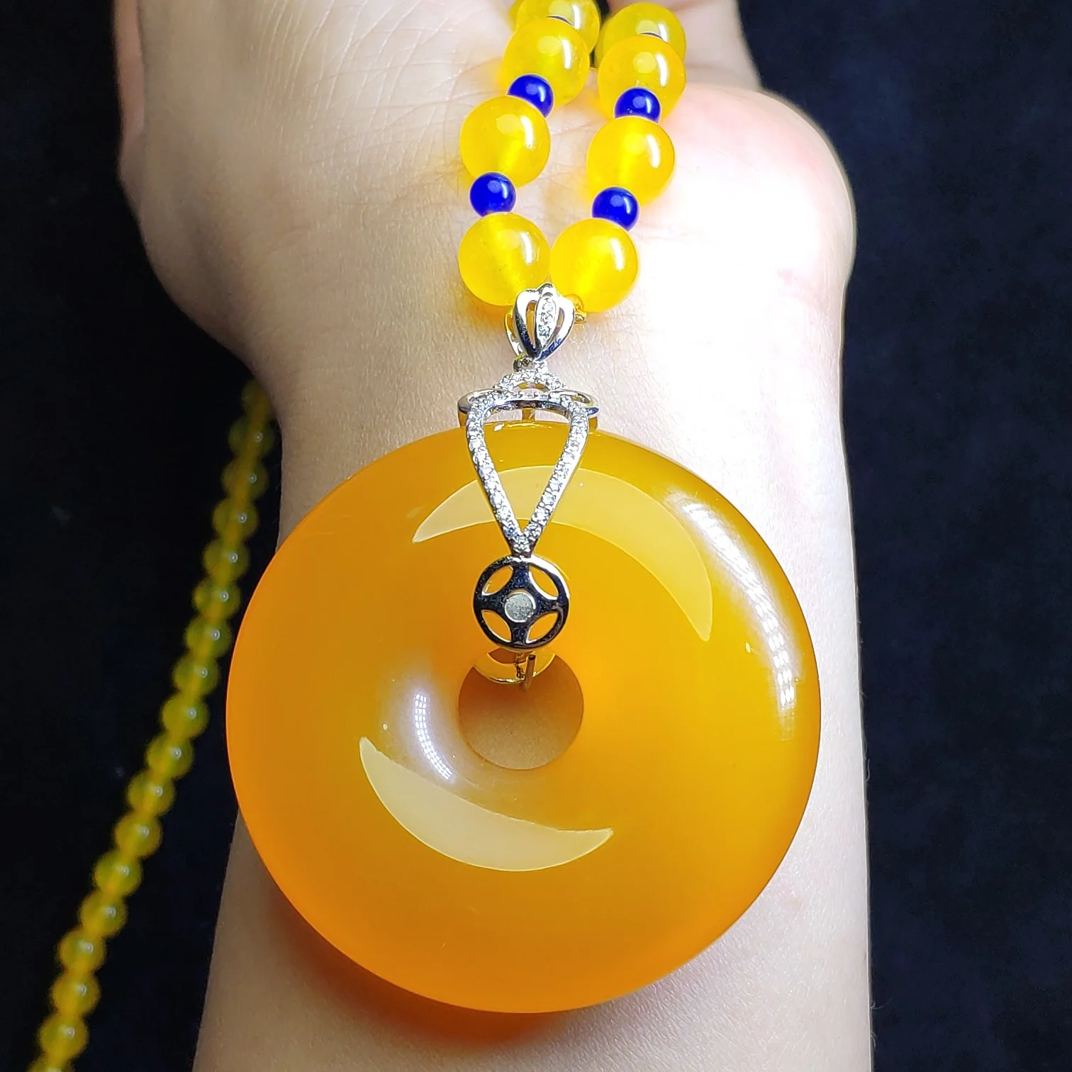 

LETSFUN Fine Jewelry S925 Sterling Silver Natural Yellow Jade Necklace Gemstone Handmade Beads Long Necklaces