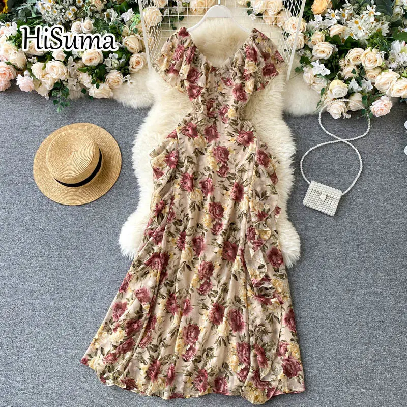 

2021 summer new women v-neck single breasted flower print ruffles chiffon A-line dress female Chic elegant dresses