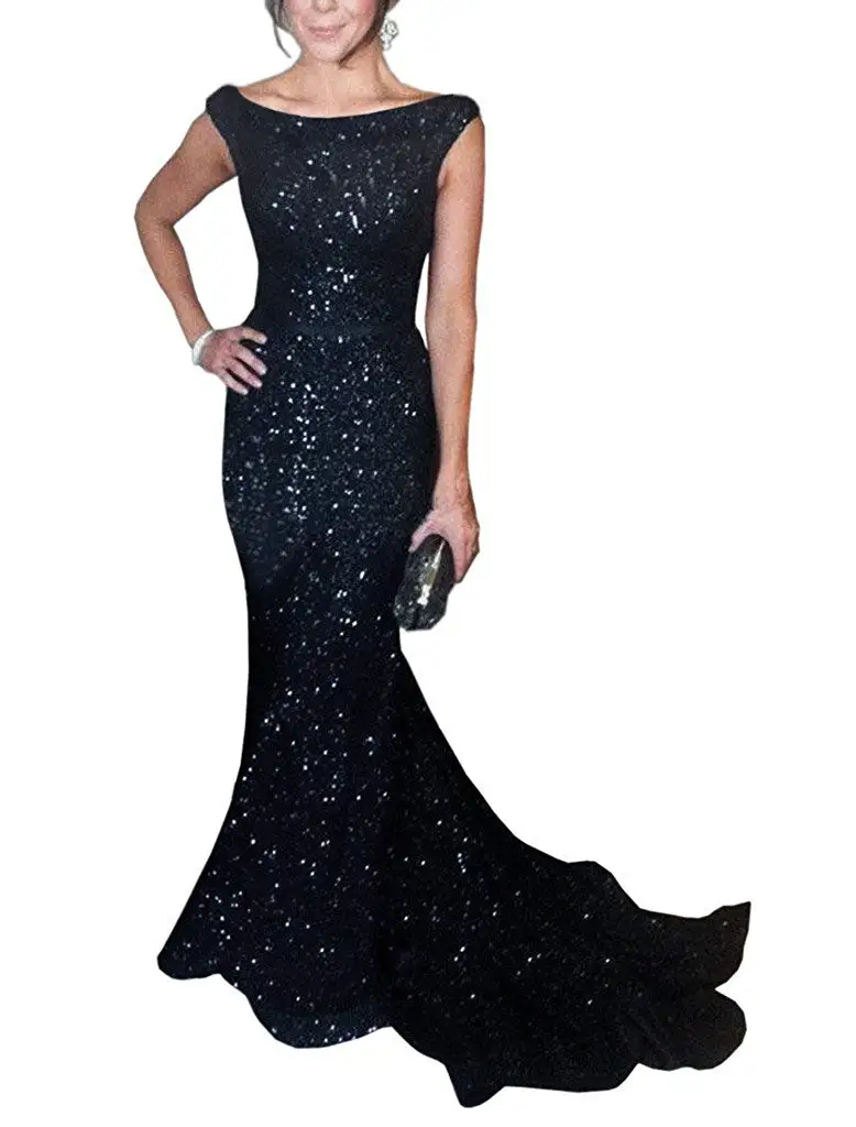 

Solovedress 2019 Fabric Cap Sleeves Navy Sequin Mermaid Evening Dress Boat Neck Shiny Party Gown vestido de fiesta SLD-SLP9009