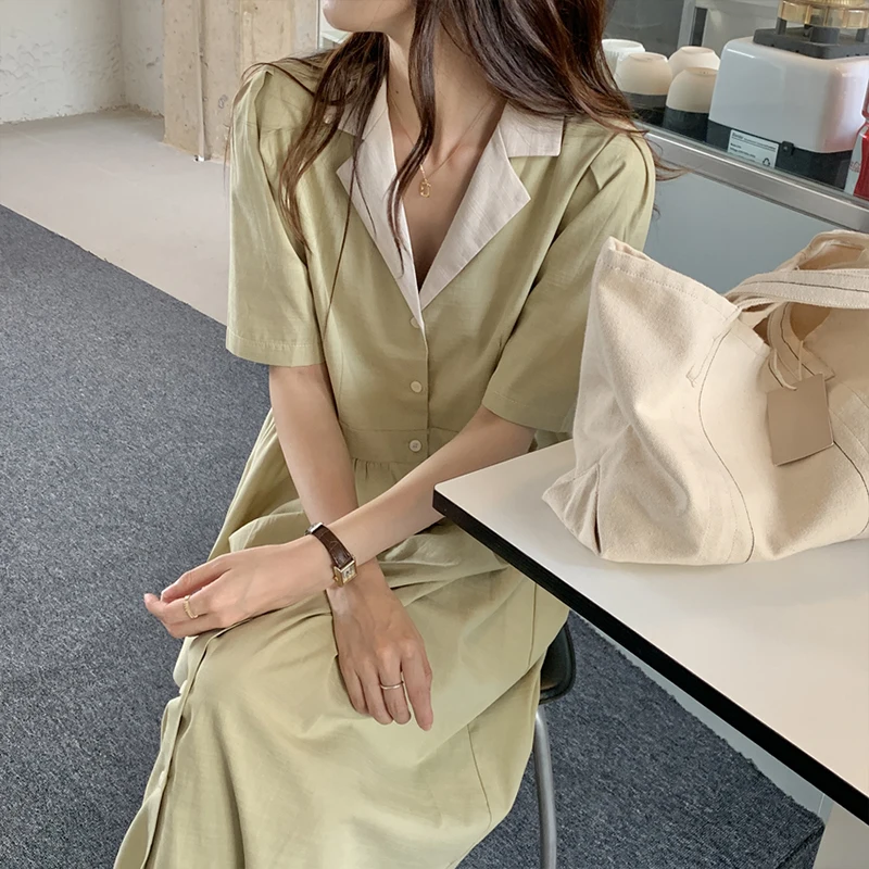 

Женское винтажное платье-макси с завышенной талией, свободное облегающее платье в офисном стиле с отложным воротником, лето 2021