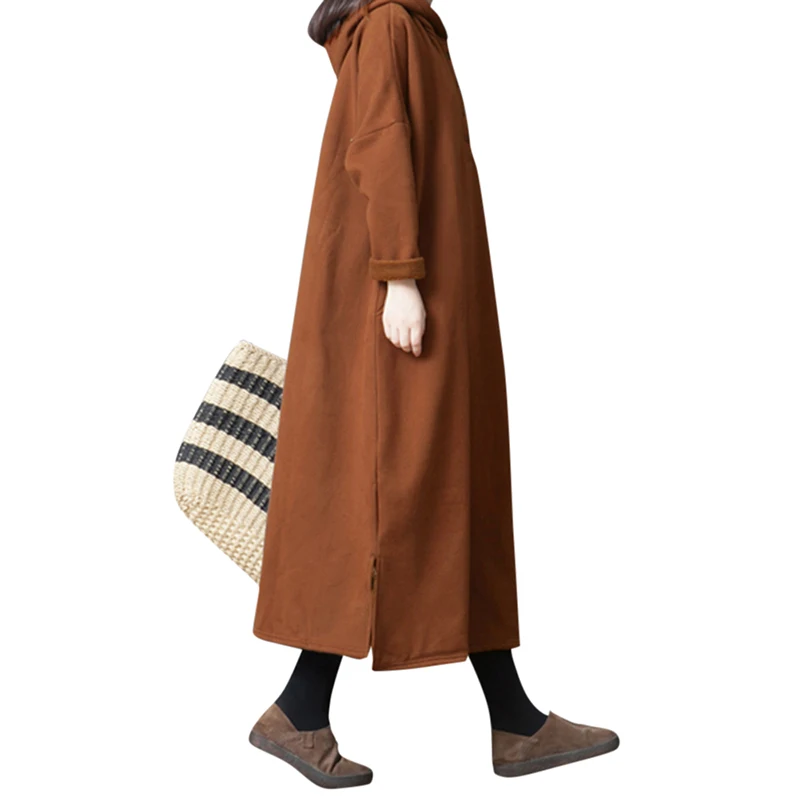 Модное женское платье с капюшоном винтажное однотонное повседневное свободное