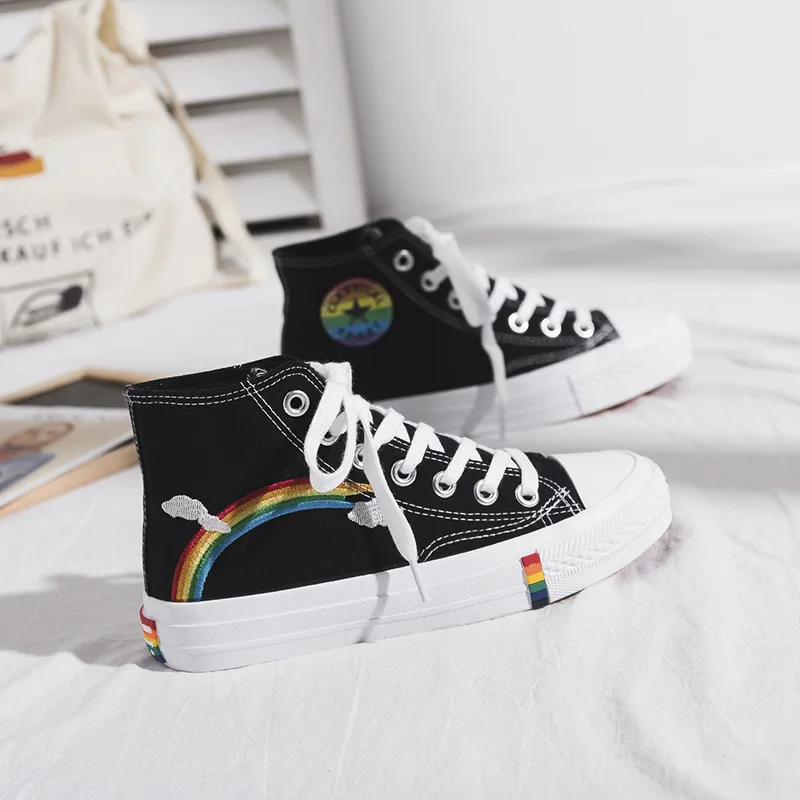 

Rainbow shoe tide 2021 autumn new high top fairy canvas shoes casual cloth shoes student tide