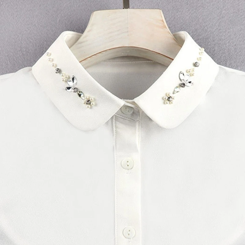

Women Rhinestone Pearl Beading Floral Decorative Fake Lapel Dickey Collar High Low Detachable Half Shirt Blouse Clothing
