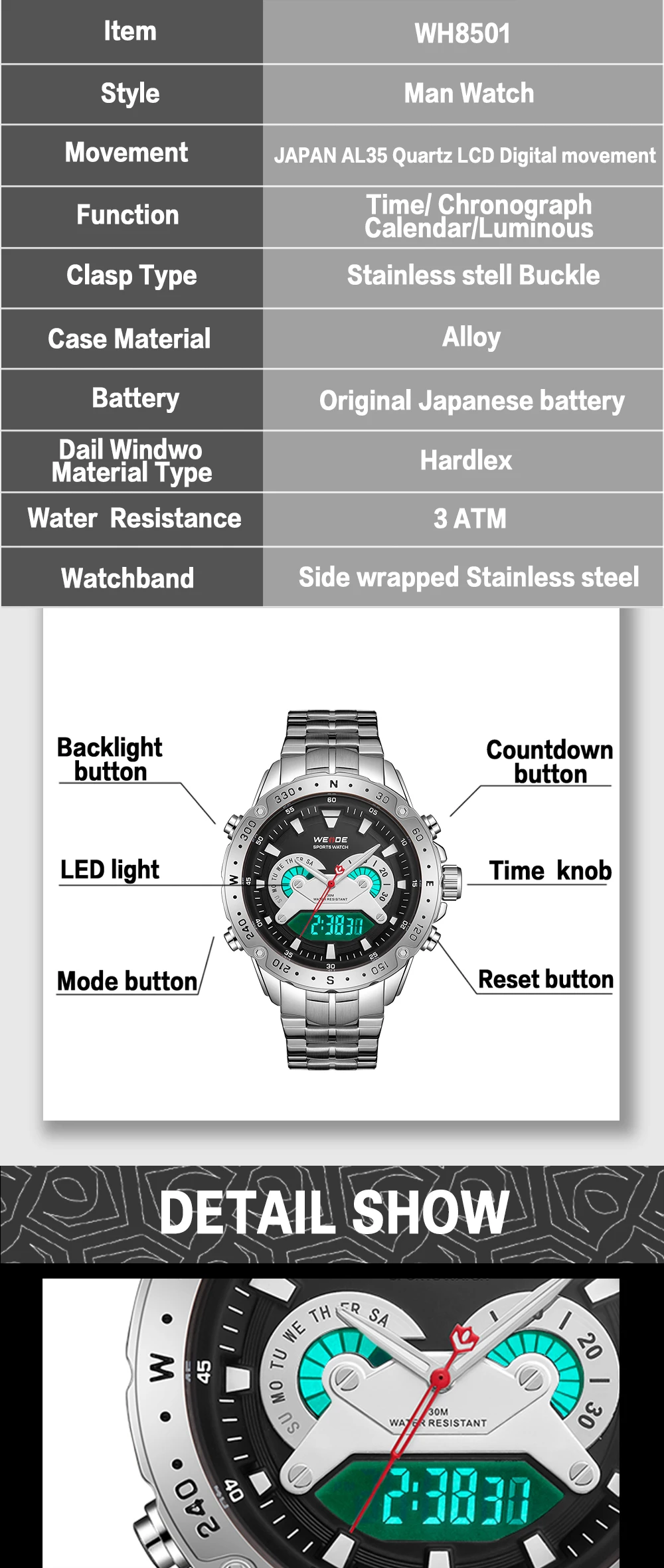 WEIDE мужские модели аналоговые цифровые часы с цифровым циферблатом кварцевые часы с металлическим ремешком наручные часы Мужские автоматические часы с датой