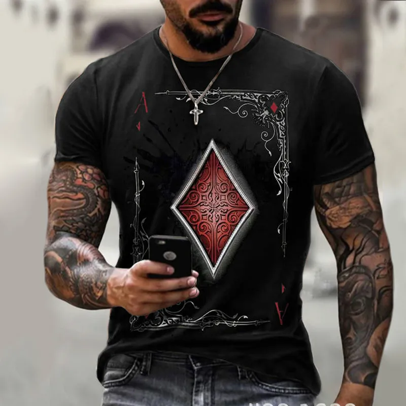 

2021 Summer Street Fashion Playing Cards Lattice Square A 3D T-Shirt Men's Large Size Casual Short Loose Pullover T-Shirt