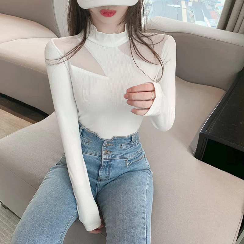 

2021 Spring and Autumn New Western Style Skinny Slimming Top Half Turtleneck Bottoming Shirt Women's Inner Wear White Long