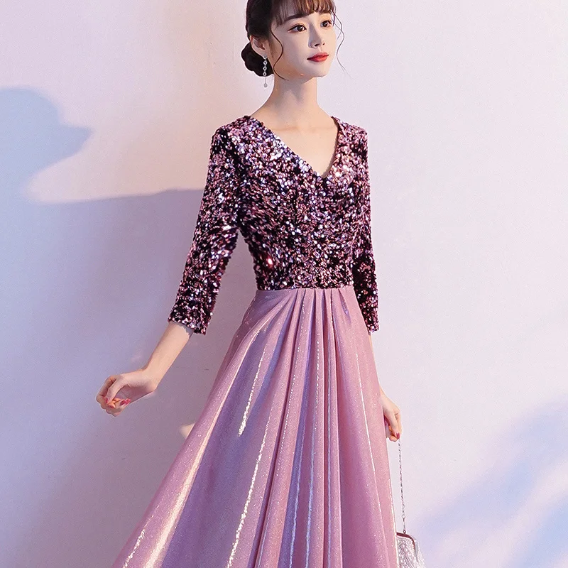

Pink Evening Dresses Long 2021 Elegant V-neck A-line Floor-length Shiny Sequined Formal Gowns With 3/4 Sleeves