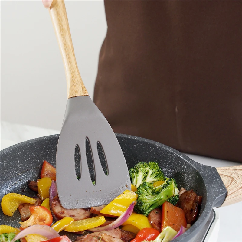 Non-Stick Silicone Cookware Kitchen Utensil Set Natural Acacia Wooden Handle Cooking Utensils Tools Spatula Soup | Дом и сад
