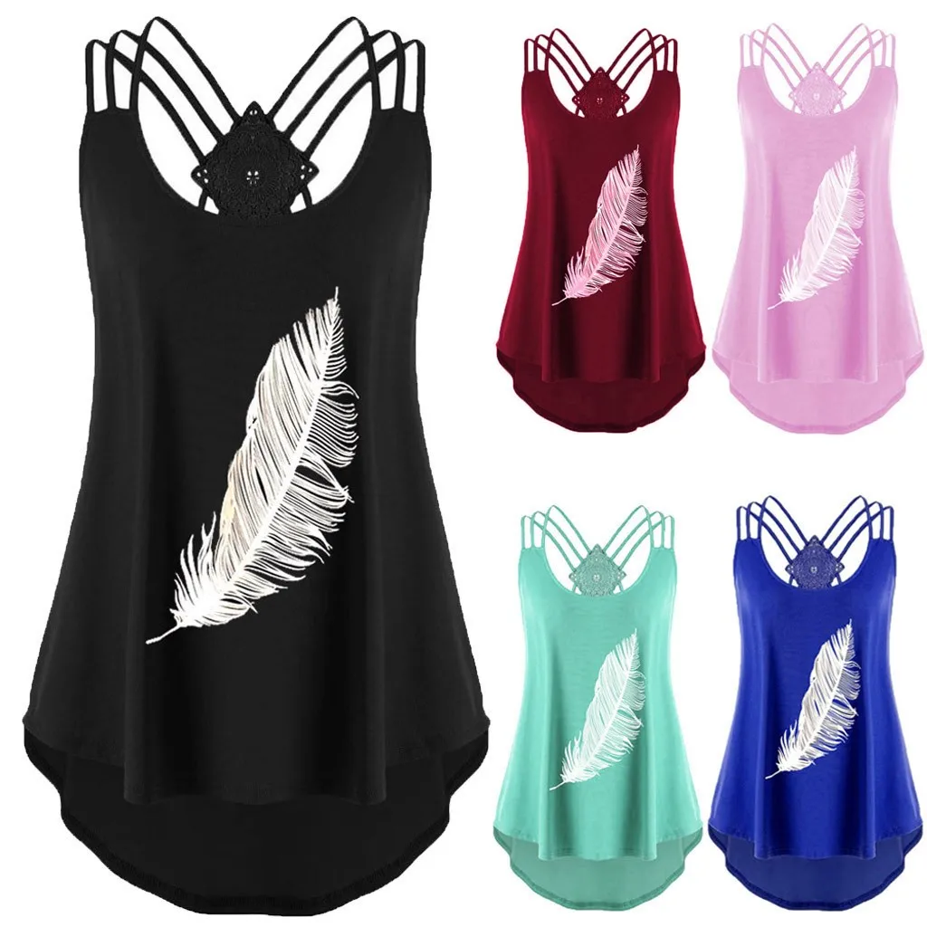 Топ женский с принтом перьев майка повязками на спине топ бретелях в стиле