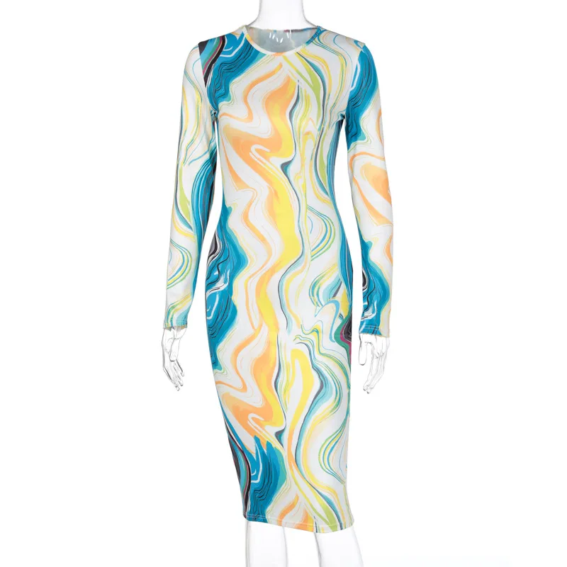 

2020 Long Sleeve Print Bodycon Sexy Midi Dress Autumn Winter Women Blue Fashion Streetwear Outfits Party Skinny Bodycon Dresses
