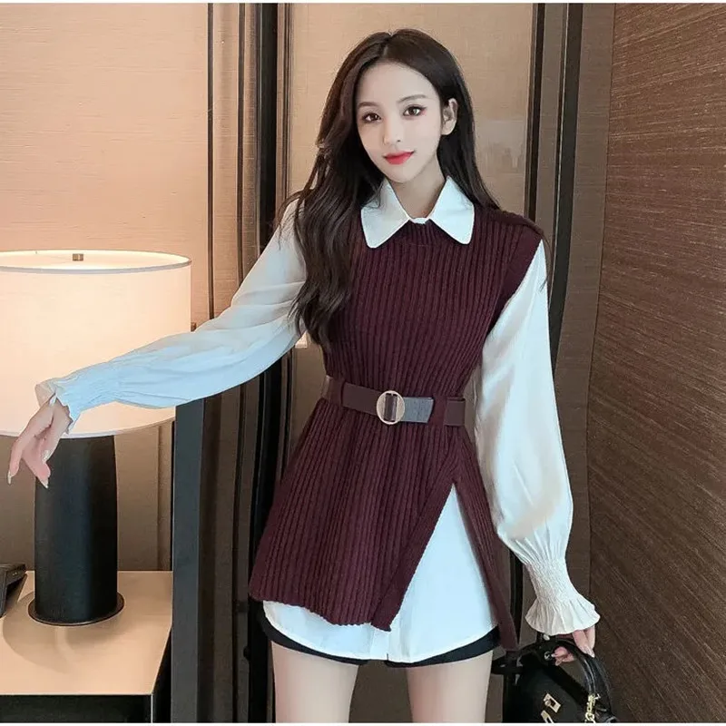 

2021 Spring Autumn Women's Sweater Vest Lantern Sleeve Shirt Knitted Vest Two Piece Sets Korean Style Waistband Vest Two Sets