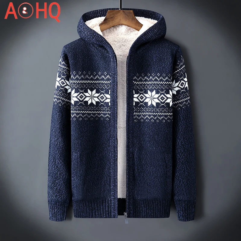 

Knitted Cardigan Winter Sweater Men Hooded Plus Velvet Thick Warm Christmas Sweater Man jacquard sweater jacket
