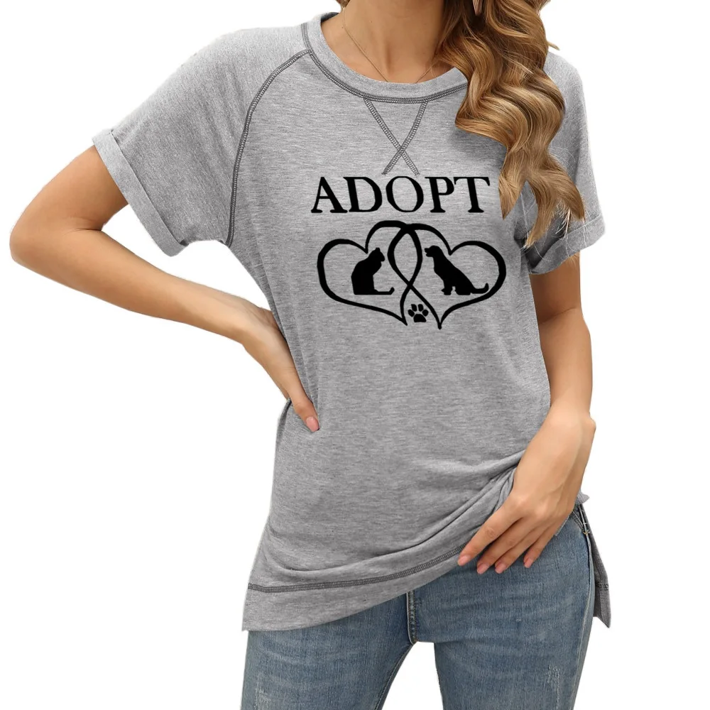 

ADOPT Letters Heart-shaped Cat And Dog Print T-shirt Summer Women Loose Tops Short Sleeves Youth Girls Kawaii Casual T-Shirt