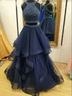 Женское платье для выпускного вечера, темно-синее платье из двух предметов, с бисером и кристаллами, длинное вечернее платье из тюля с оборками, класс 8