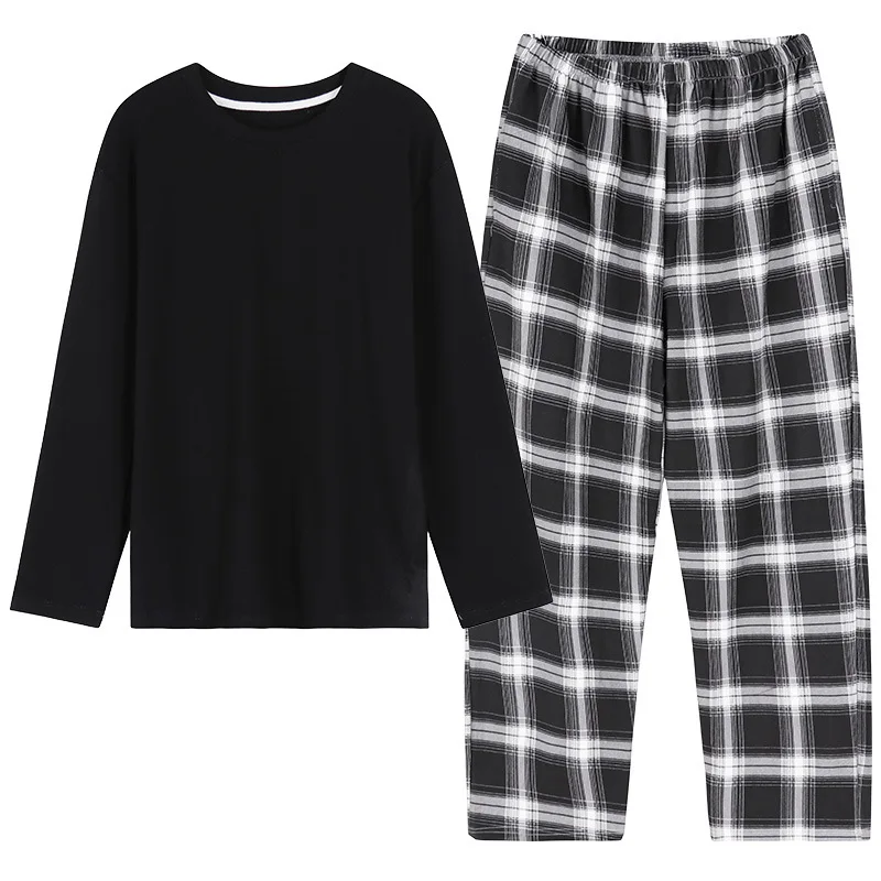 

YRRFUOT Autumn New Style Cotton Pajamas Men's Black Long-sleeved Plaid Trousers Loose 2020 Cotton Nightie Knitted Homewear Set