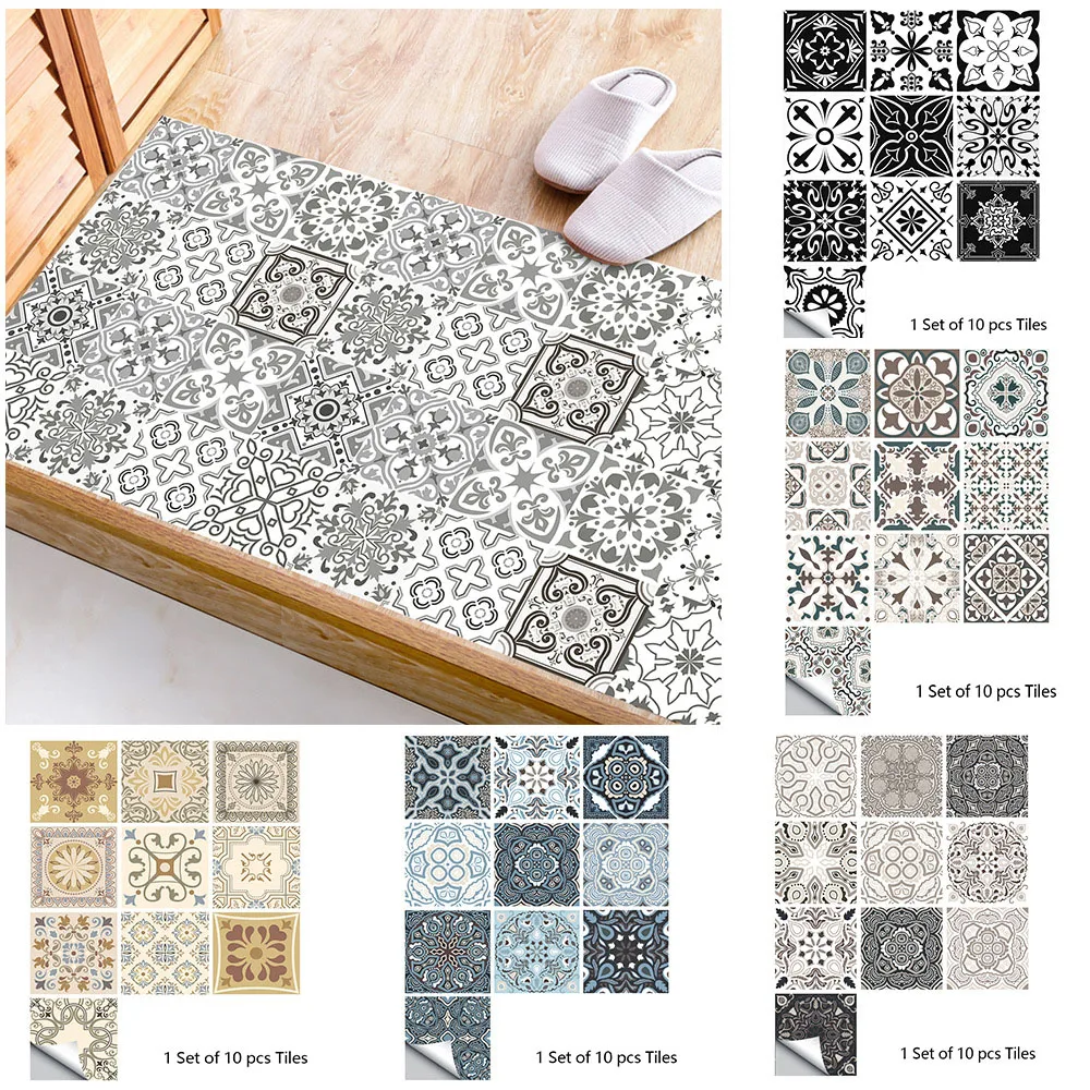 

10pcs Retro Pattern Matte Surface Tiles Wall Sticker Transfers Covers For Kitchen Bathroom Tables Floor Hard-wearing Wall Decals