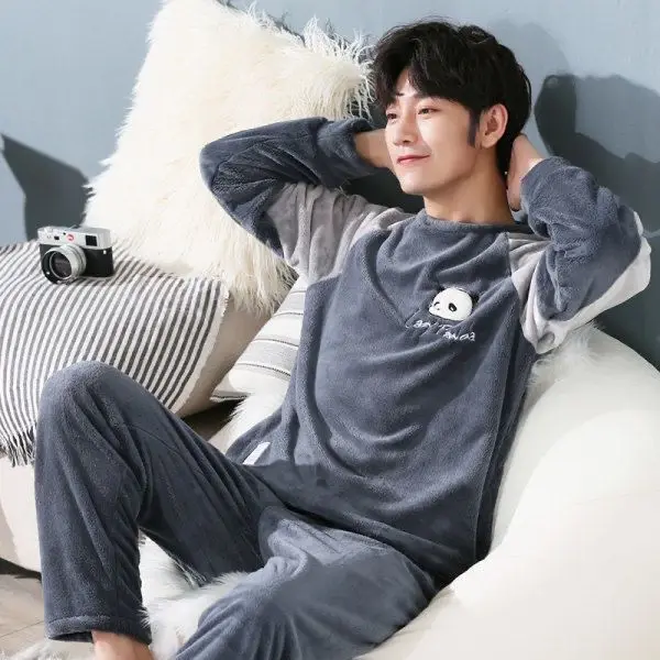 Men's Pajamas Autumn Winter Plus Thick Velvet Cartoon Korean Pajamas Flannel Homewear Winter O-neck Ensembles De Pyjama