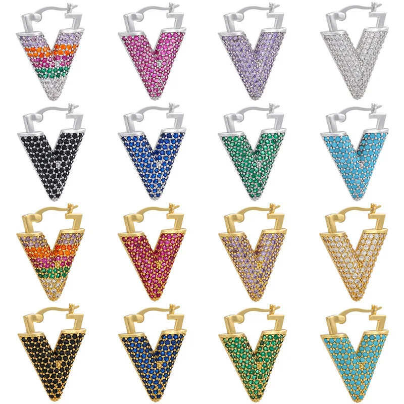 

Color Micro Inlaid Inverted Triangle DIY European and American V-shaped Earrings Earings Fashion Jewelry 2021 Wholesale