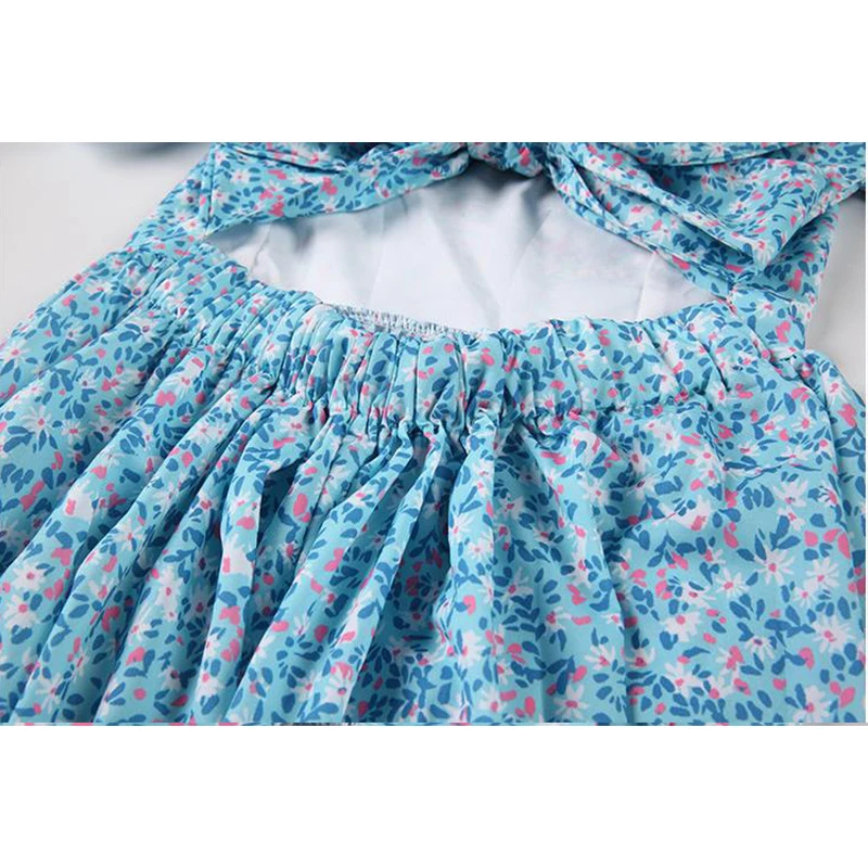 

Korean Chic Sweet Temperament Crewneck Dress Women High Waist Back Bow Lace-UP Blue Puff Sleeve Floral Print Long Dress Female