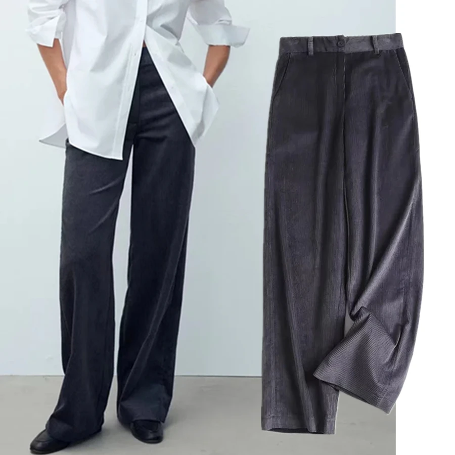 

Withered Casual Pants Women England Style High Waist Loose Corduroy Wide Leg Pant Pantalones Mujer Pantalon Femme Trousers Women