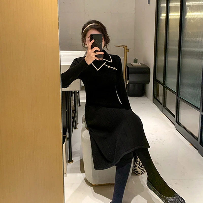 

Women New Vintage Dress Auutmn Winter Long Sleeve Slim Sweater Eleagnt Ladies Knitted Robe Vestidos Mujer