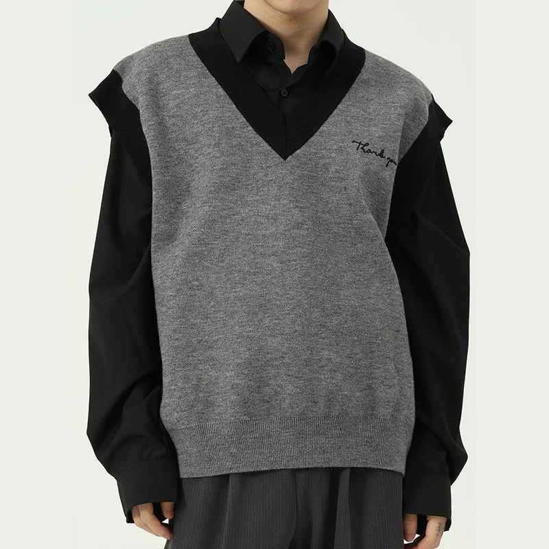 

Мужская одежда, осень-зима, контрастные цвета, в стиле пэчворк, свитер с V-образным вырезом, жилет, корейская мода, свободный свитер без рукав...