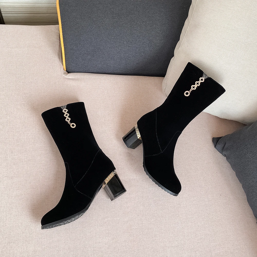 

Kickway black flock ankle boots for women round head boots heels botas mujer 2020 thick heel shoes woman boots large sizes 12 43