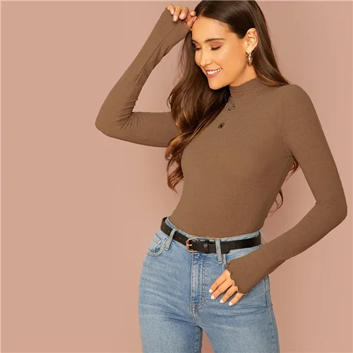 SHEIN Однотонная Водолазка С Высоким Воротником, Топ С Длинными Рукавами - Цвет: Brown