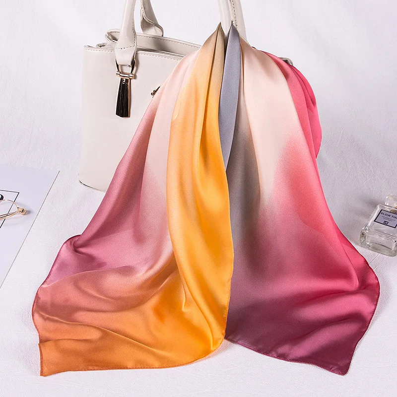 

Silk Square Face Scarf Women Designer Hand Kerchief Tie Dye Gradient Color Bandana Head Scarfs for Ladies Foulard Cheveux Femme