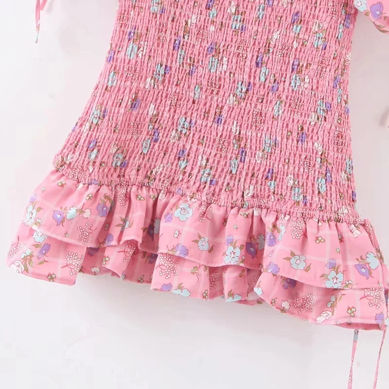 Бохо цветочный принт розовое сексуальное платье женское с буфами рукав Винтаж