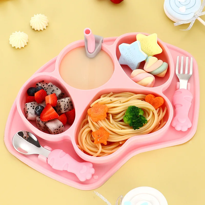 

Children Feeding Tableware Set Food Silicone Safety Plates BPA Free Bowl Kids Eating Dishes Antislip Suction Plate Spoon Fork