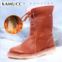 new 2022 women winter mid calf boots leather snow boots lace up plush fur warm slip on ladies shoes square heel short boots