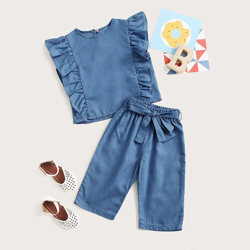 

Kid Clothes 2020 Ruffle Sleeveless Tops Wide Leg Pants Two-piece Toddler Girl Outfits Fashion Blue Girls Summer Set Roupa Menina