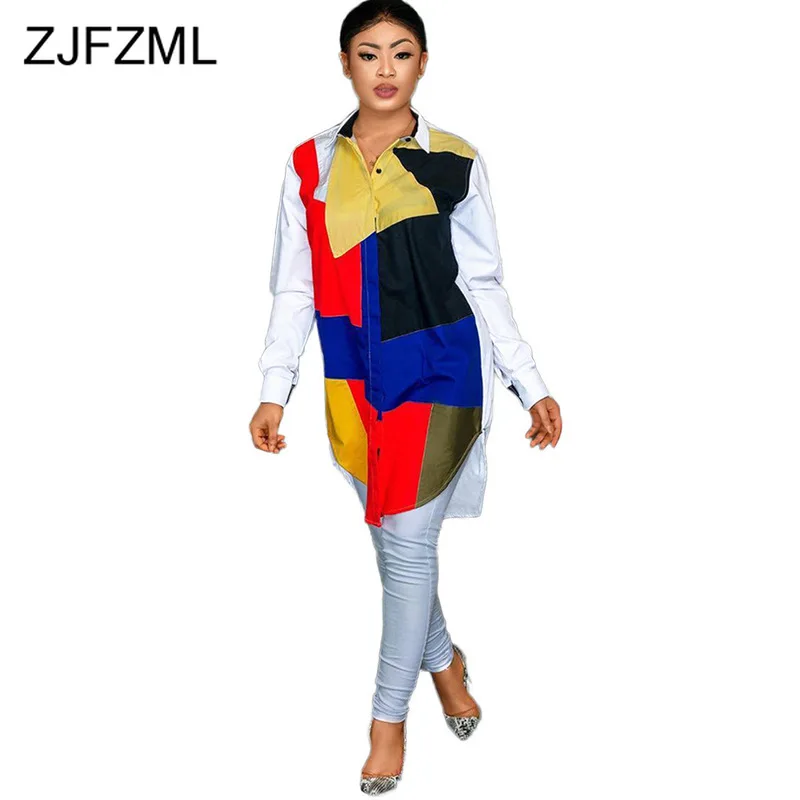 Цвет Блокировка сексуальное платье рубашка Для женщин отложной воротник длинный