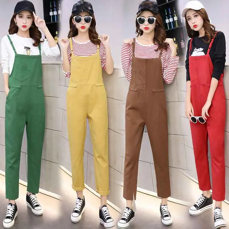 

Black Denim Jumpsuit Women Spring Autumn Korean Style Loose Sleeveless Yellow Denim Overalls Female Casual Suspender Red Rompers