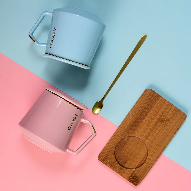 Ceramic Mug Creative Coffee Cup Set Couple With Lid Spoon Wooden Plate Gift Box 370ml large capacity |