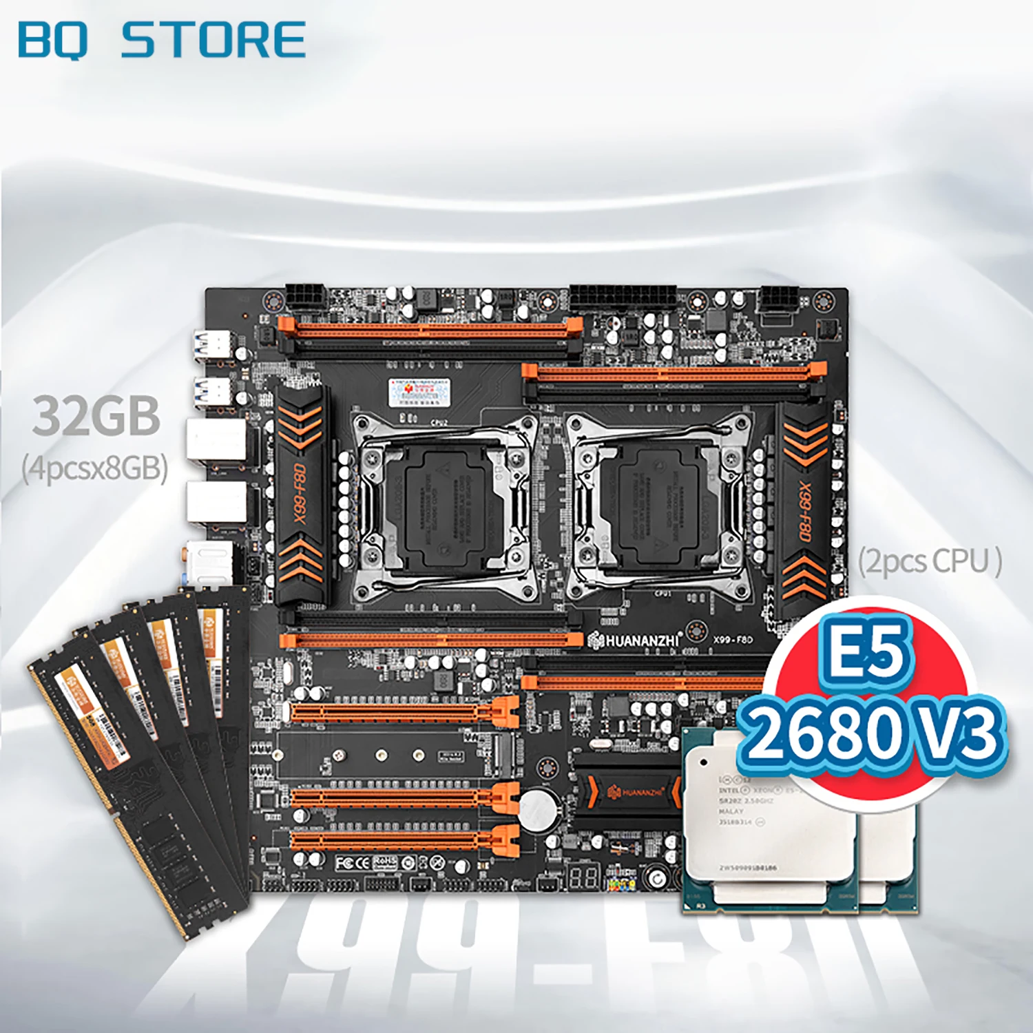 

HUANANZHI X99 F8D X99 Motherboard Intel Dual with Intel XEON E5 2680 V3*2 with 4*8GB DDR4 NON-ECC memory combo kit NVME USB