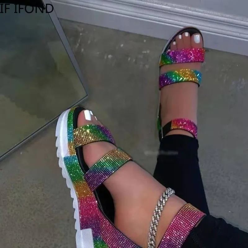 

IF IFOND Woman Summer Flat Sandals Buckle Casual Crystal Women Shoes Female Ladies Platform Retro Sandalias Plus Size 43