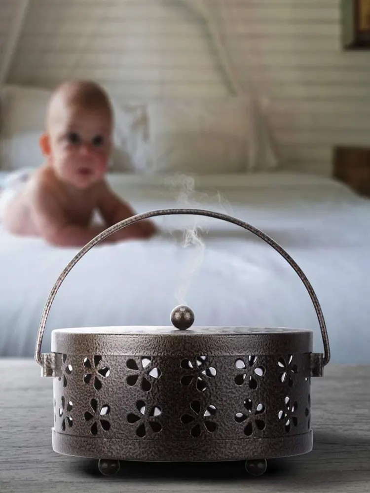 

Mosquito Coil Holder Iron Hollow Incense Burner Round Fireproof Box with Handle Home Livingroom Bedroom Mosquito Racks
