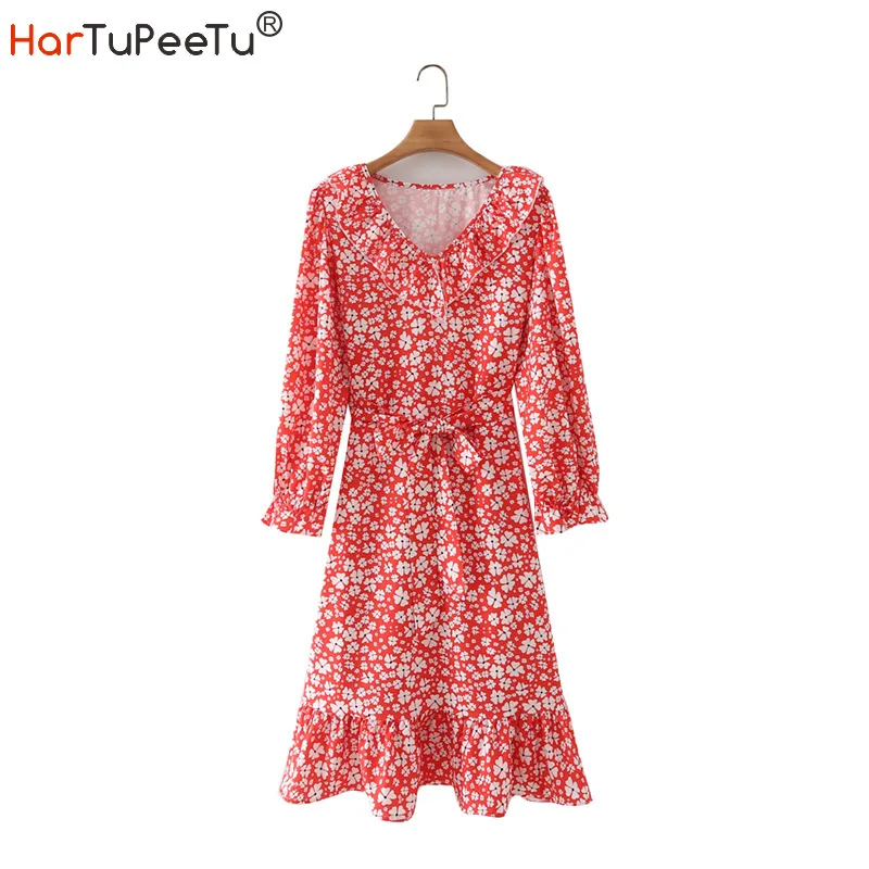 

2021 Autumn Long Sleeve Floral Dress Women with Belt Beach Style V Neck Ruffles Decorate Bohemia Spring Summer Pullover Vestidos
